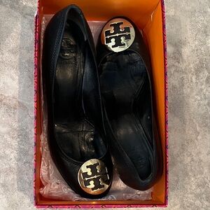 Tory Burch Black Flats with Gold Emblem